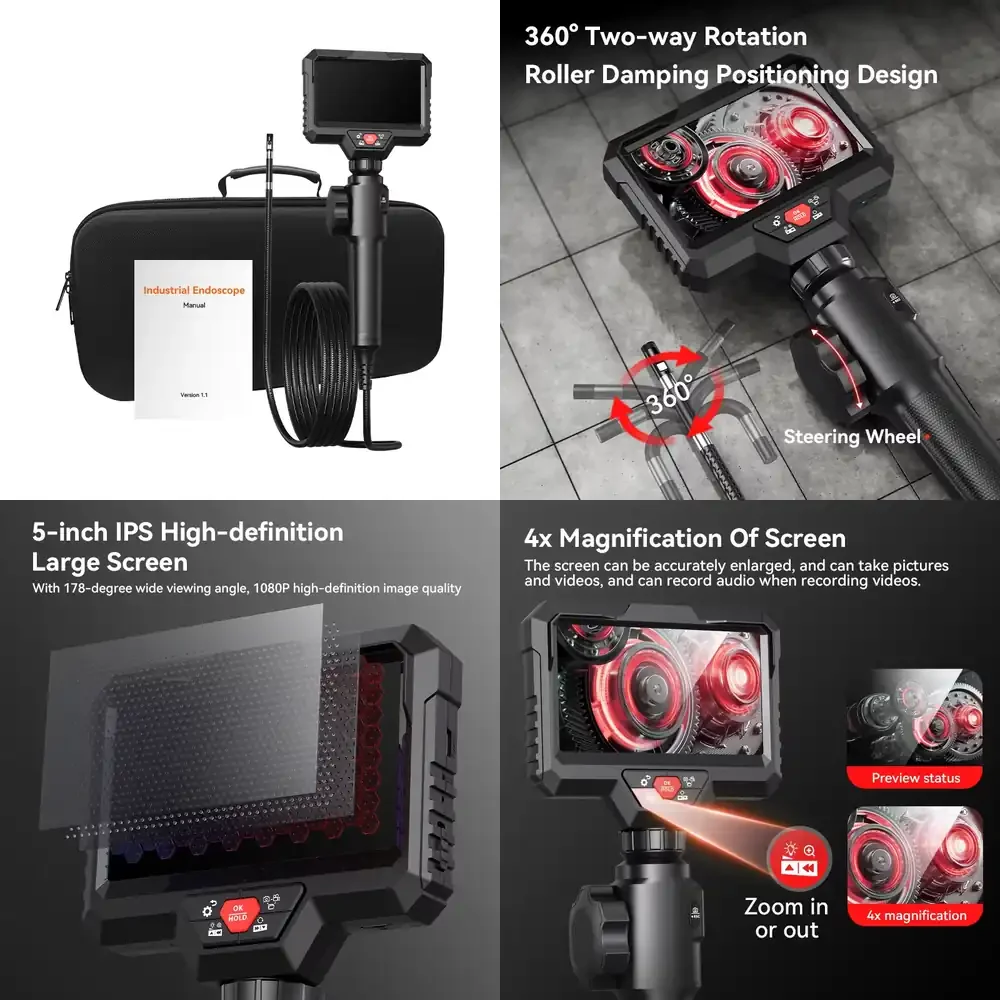 OEM Industrial Steering Articulated Camera with 360 Degree Rotation 2MP Resolution 5 Inch IPS Display 6mm Dual Lens
