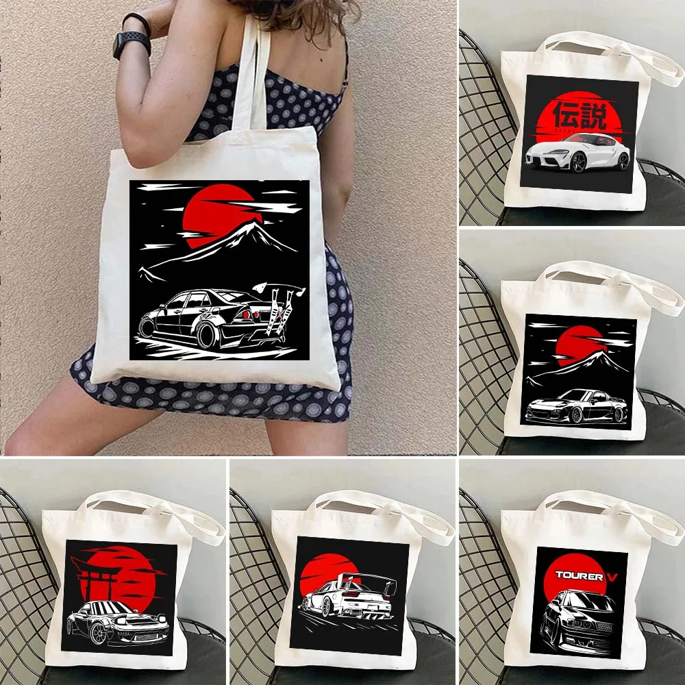 JDM Car Japan Game Racer Neon Sport Car Sunset Mountain Skyline Womens Canvas Shopper Cotton Totes Bag Shopping Shoulder Handbag