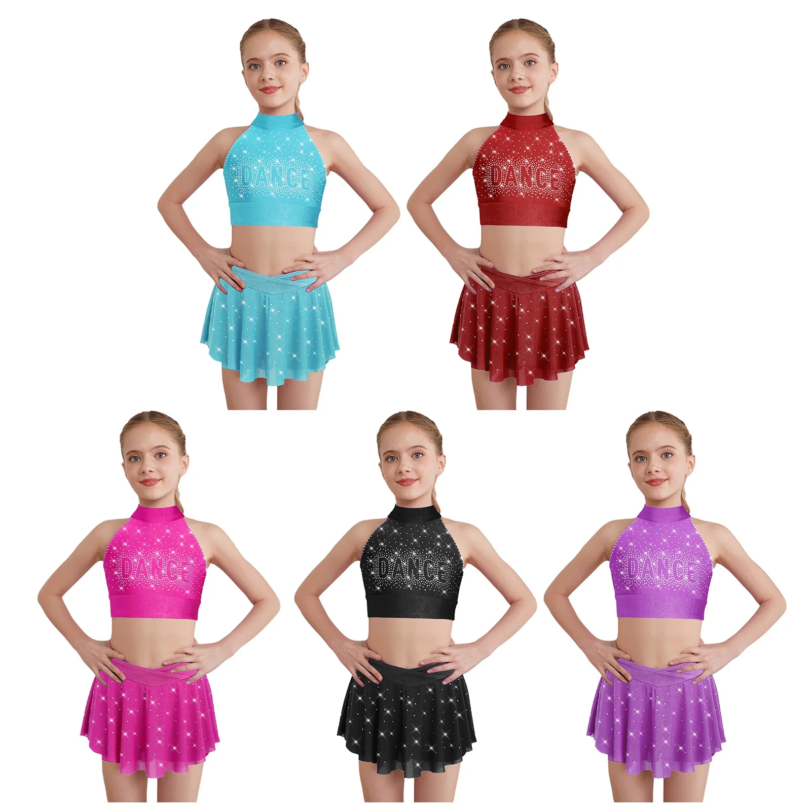 Tenues de danse en maille transparente pour enfants filles, haut court dos nu avec strass scintillants et jupe à ceinture élastique sur le devant en V