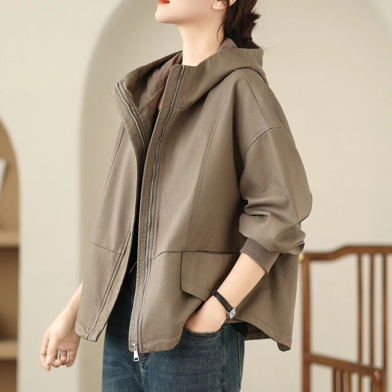 Masss wasss 2025 feminino clássico vintage com capuz lazer oversized jaquetas de couro falso senhoras moda casacos do plutônio solto blusões