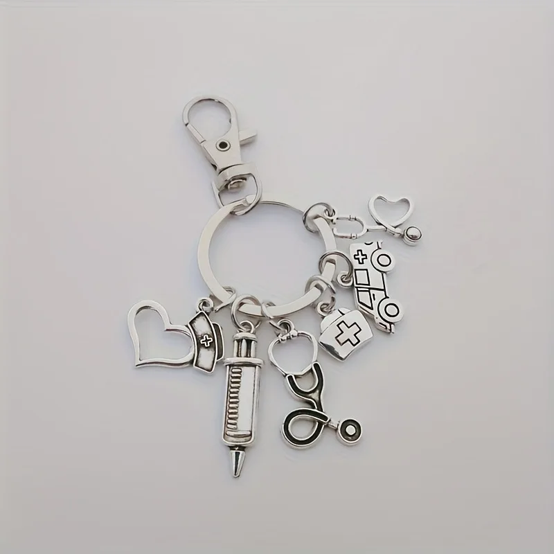 Personalized fashion accessories, medical ambulance, nurse's hat, alloy syringe, stethoscope, keychain, hanging ornament