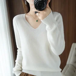 Autumn and Winter Cashmere Sweater New Women's V-neck Pullover Lace Neck Hollow Out Design Casual Knitted Long Sleeve Women's