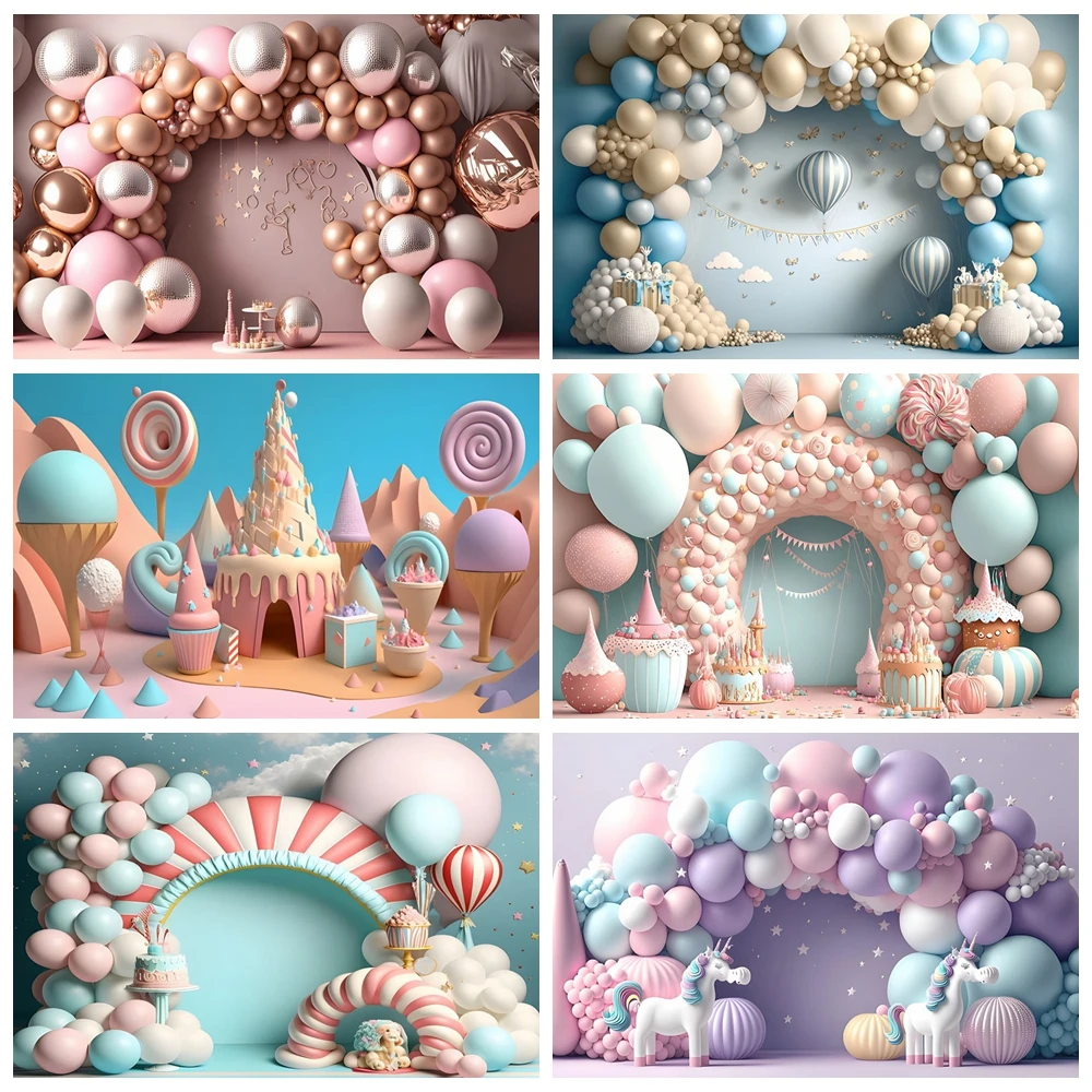 

Candy Colorful 3D Balloon Arch Backdrops Princess Castle Baby Birthday Party Cake Smash Decor Photography Background Photo Props