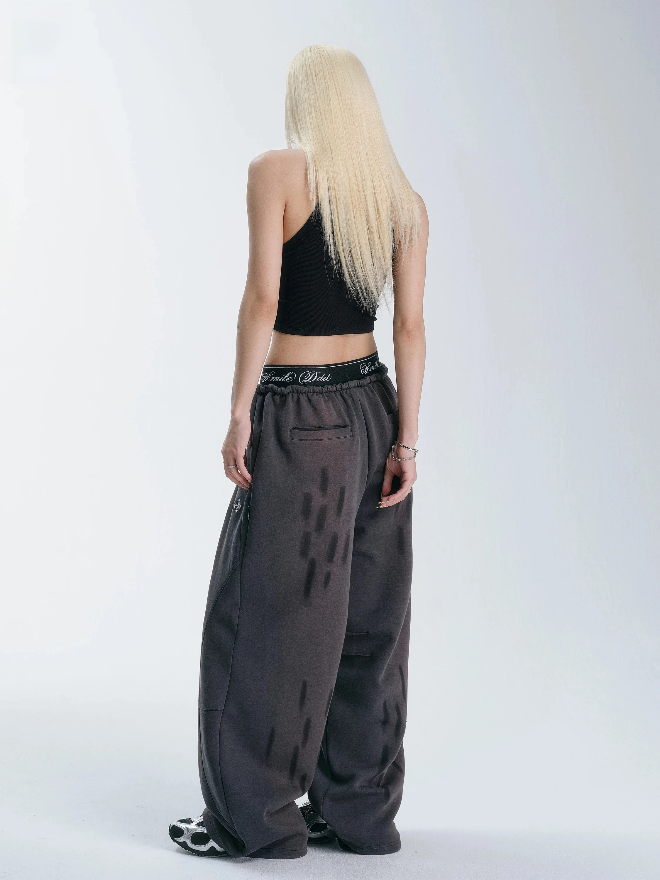 Smile Ddd Women's Jazz Dance High Waist Painted Pants Hand Rubbed Street Style Asymmetric Loose Fit Cotton Blend Trousers