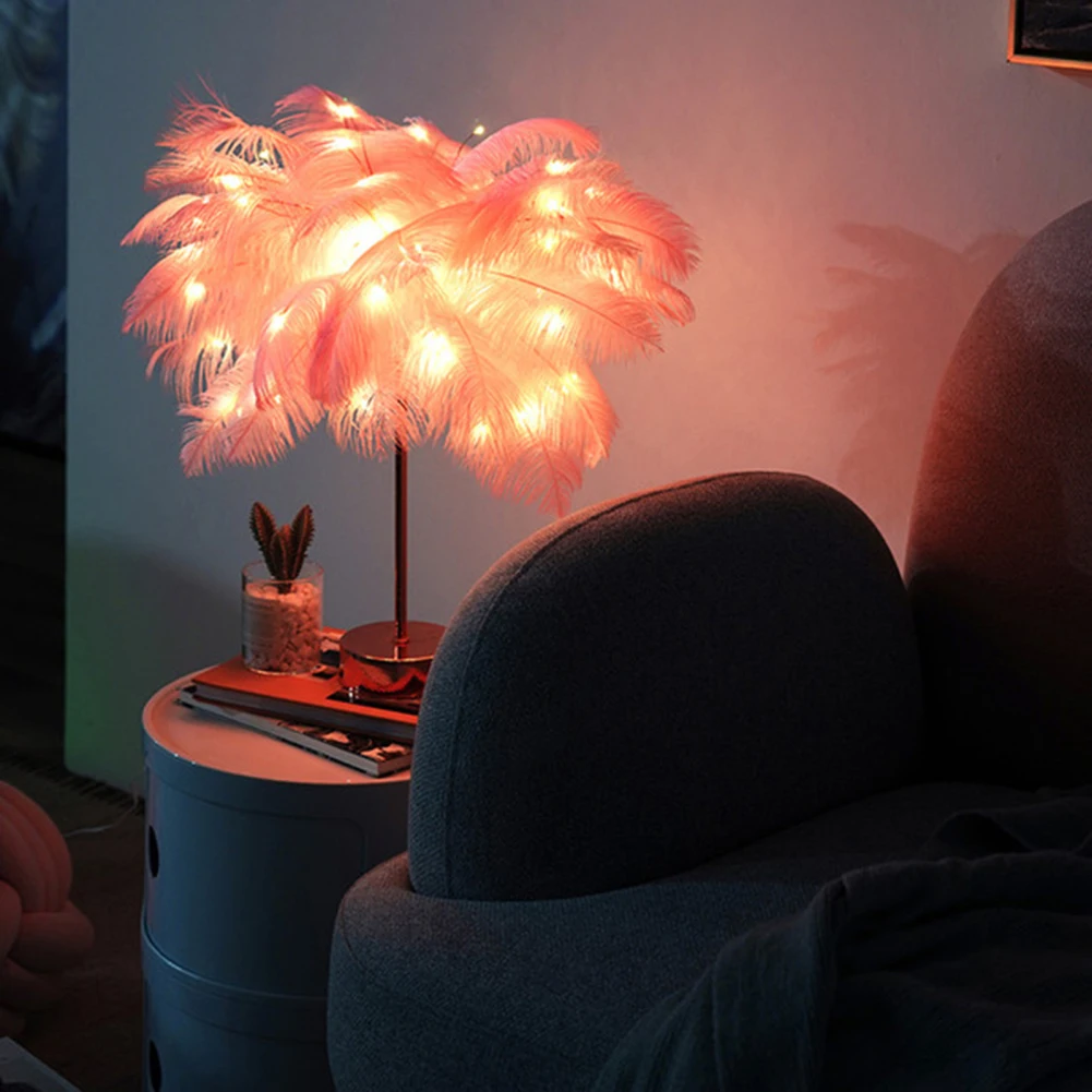 Lámpara de mesa de plumas LED de noche, luz cálida creativa DIY, pantalla de pluma de árbol, decoración de dormitorio del hogar de boda con Control remoto