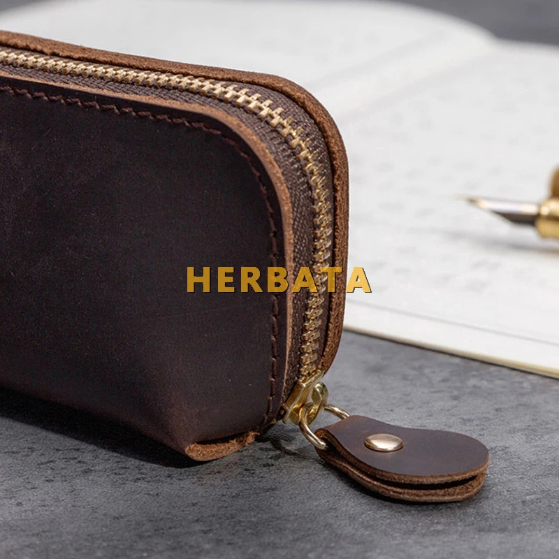 Handmade Genuine Leather Pencil Bag Vintage Retro Style Cowhide Zipper Pen Case School Bag Glasses Case Office Stationery Gift