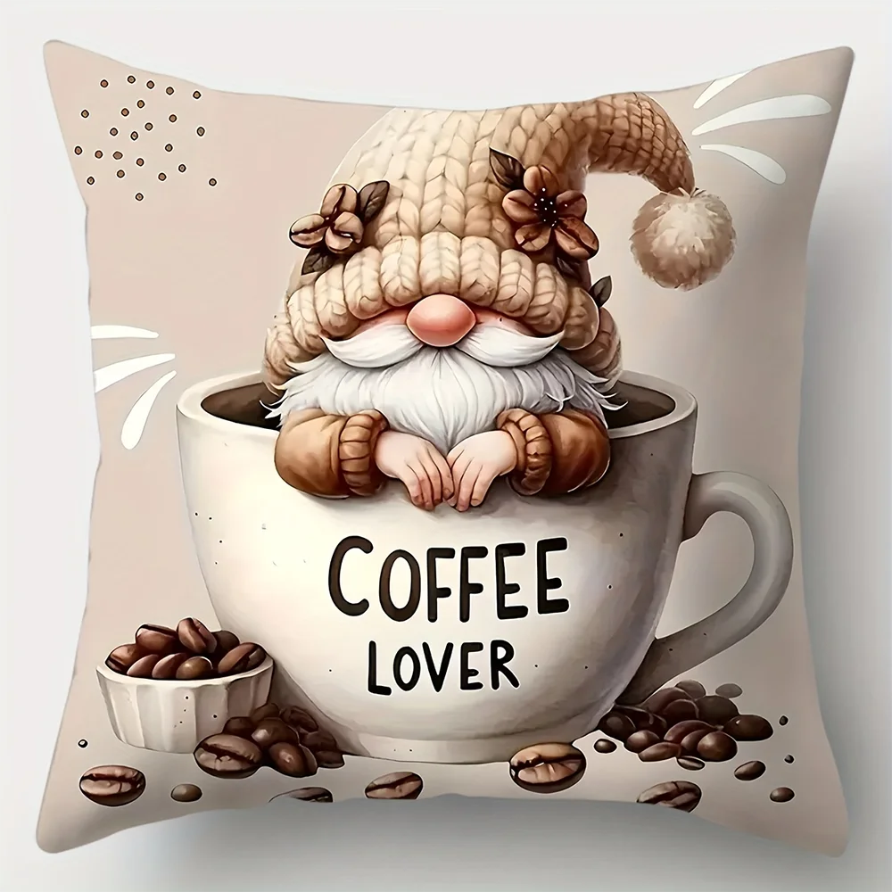 1PC 2D Flat Coffee Gnome Throw Pillow Covers Rustic Farmhouse Coffee Lover Decorative Cushion Cases for Home Cafe No Pillow Core