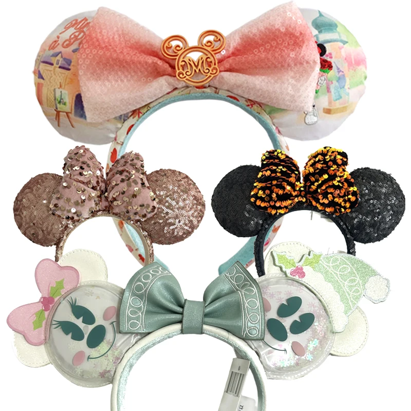 Disney embroidery Mickey Mouse Ear Headband Sequin Solid Color Hairbands for Girls Santa Claus Halloween Cosplay Headwear