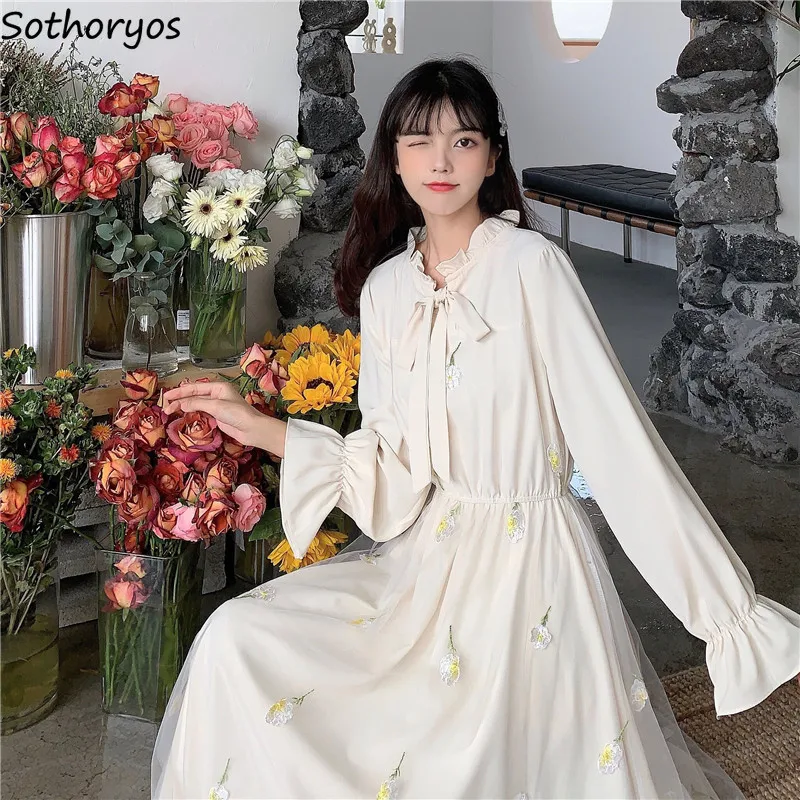 

Midi Dress Women Floral Embroidery Gentle College Girls Holiday Fairycore Aesthetic Fashion High Waist Ulzzang Vestidos De Mujer