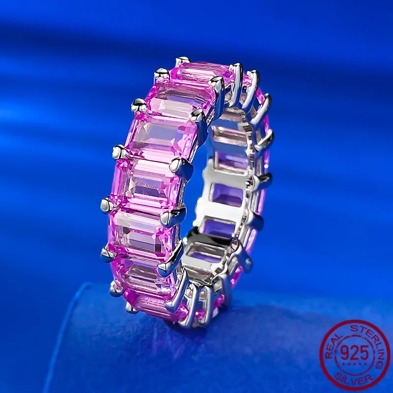 New S925 Silver 4 * 6 Rectangular Pink Diamond Ring for Women, European and American Ins Full Diamond Ring, Wedding Jewelry