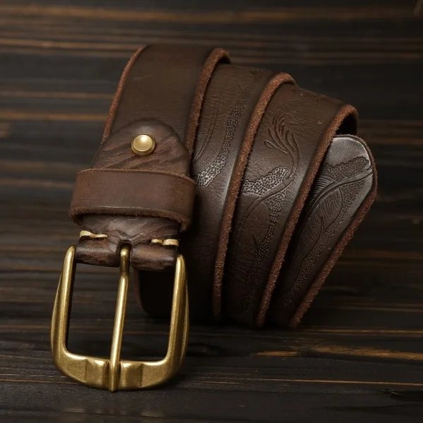 38-センチメートルメンズヴィンテージ真鍮針バックル彫刻羽ハンドポリッシュベルト多用途カジュアル純粋な牛革ジーンズストラップベルト