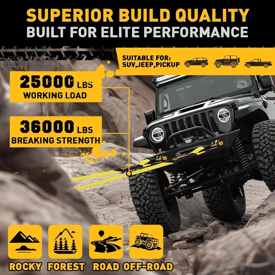 Wytrzymały pas holowniczy z haczykami 3 x 30 stóp, wytrzymałość na rozdarcie 36000 LBS, zawiera 2 szt. szekli z pierścieniem D 3/4 cala do pojazdów ratunkowych