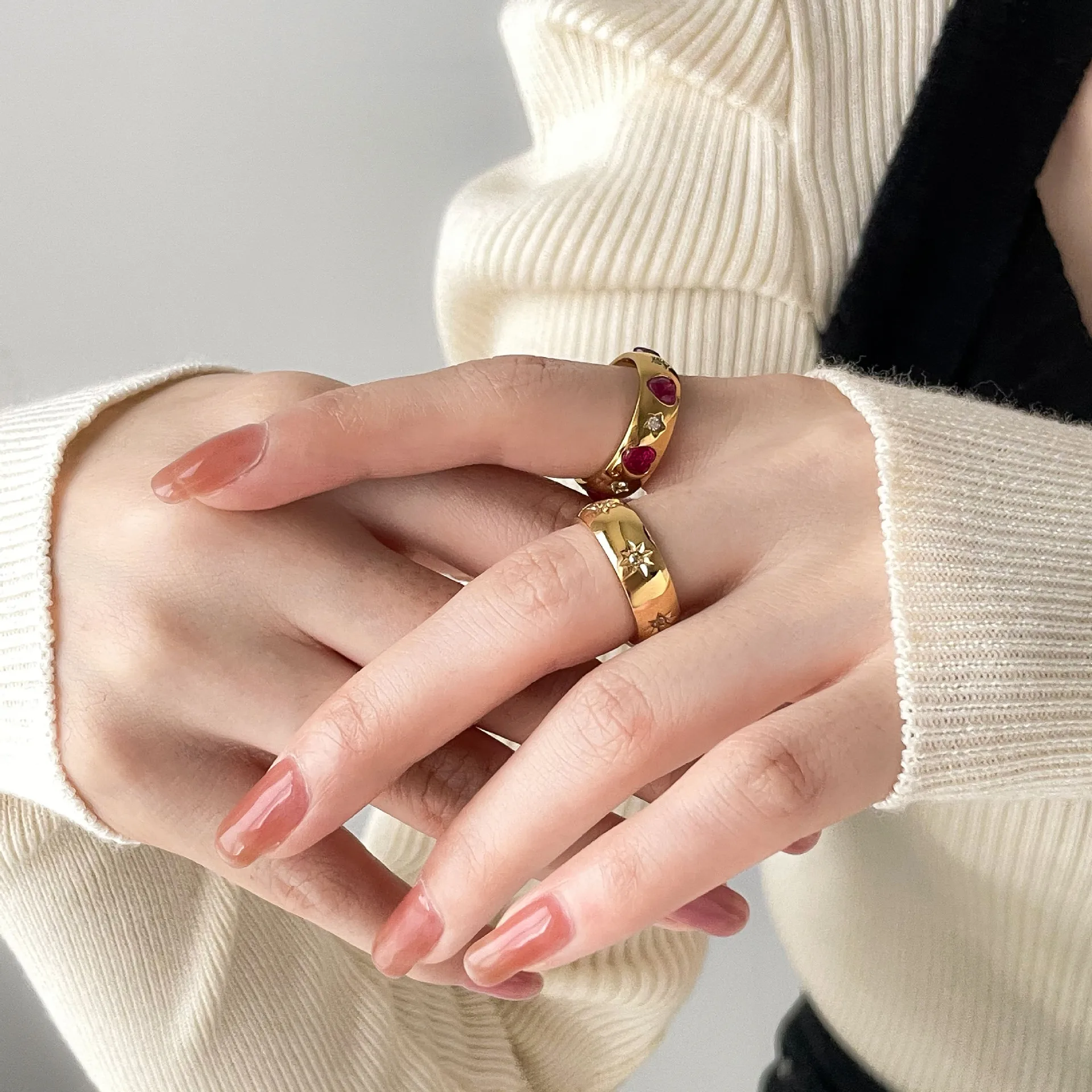Stainless Steel Red Heart Zircon White Star Zircon Geometry Ring High Quality Fine Jewelry for Women