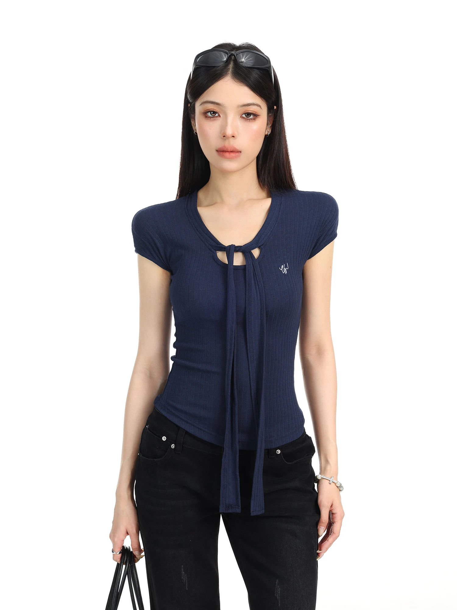 

Spicy Girl Embroidered Letter V-Neck Short Sleeve T-Shirt Women Summer Slim Fit Fashionable Top Casual Style Universal Size
