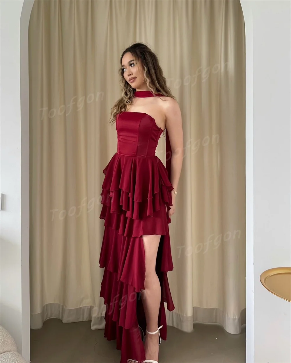 Toofgon Customized High Low Mini Prom Dresses Strapless Layers Skirt Chiffon Formal Party Gowns Girls Dance Homecoming Outfits