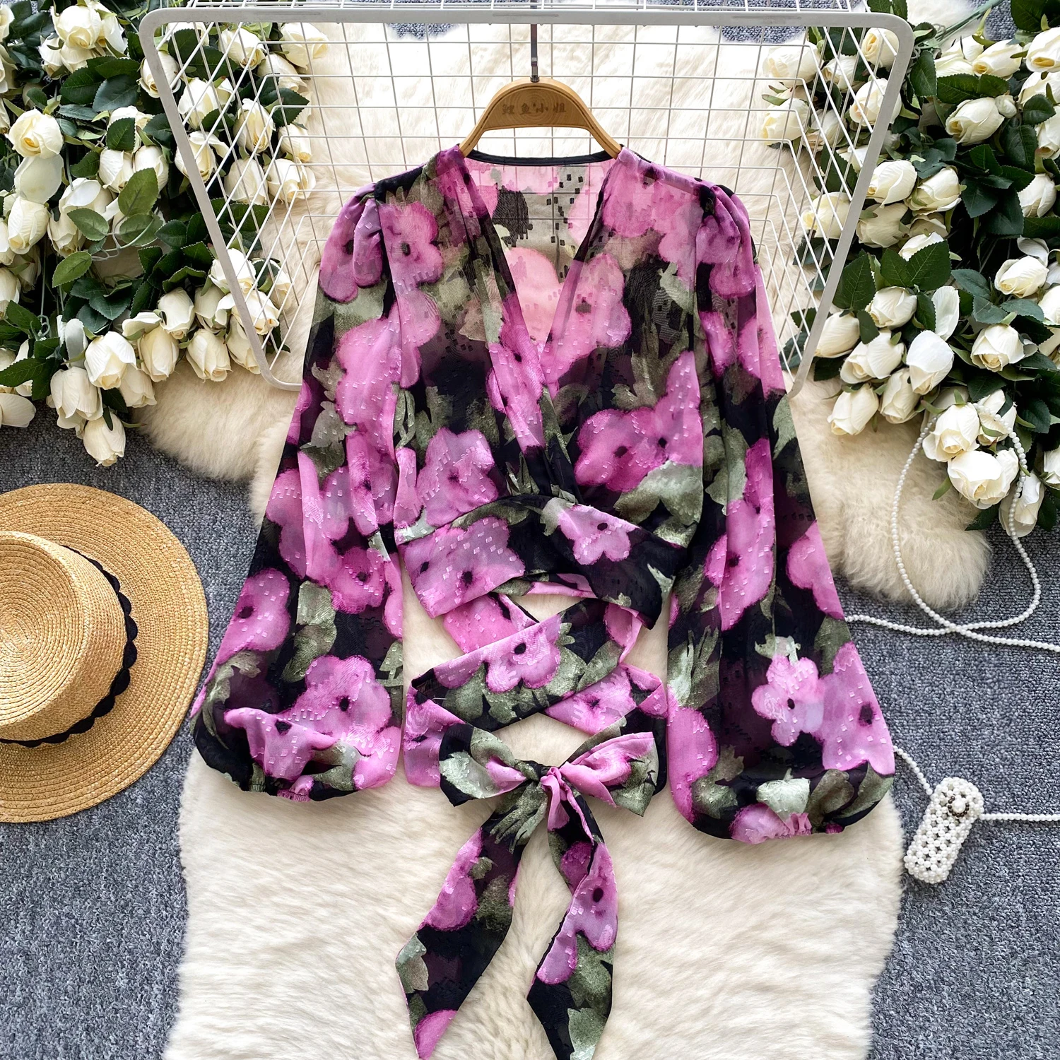 

Vintage Elegant puff sleeve Criss-Cross print Blouse Fashion Shirt Casual Chic Top Fairy Summer Women Shirt