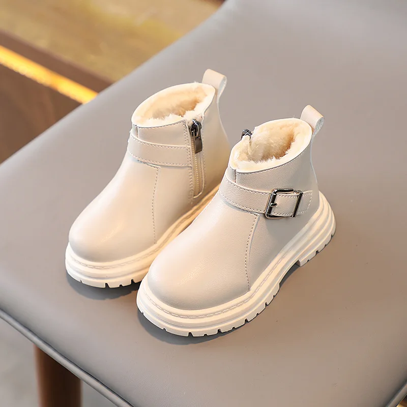 Autumn Winter Kids Leather Boots Warm Plush Girls Toddler Boots Fashion Leather Children Casual Shoes Girls Snow Boots for Kids