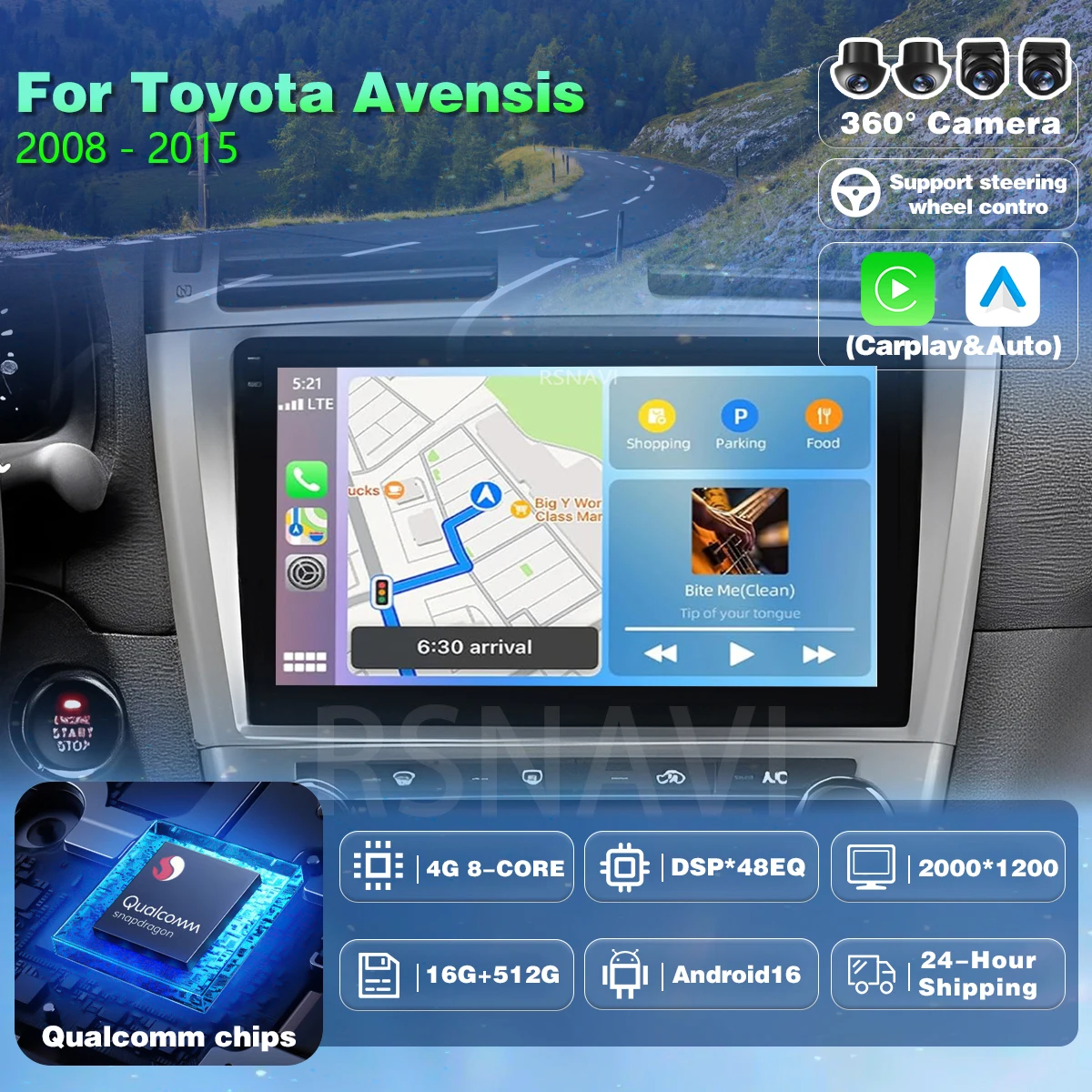Android 16 Carplay Auto For Toyota Avensis 2008 2009 - 2015 Car Radio GPS WIFI+4G Stereo Video Player 2Din 360 Camera Navigation