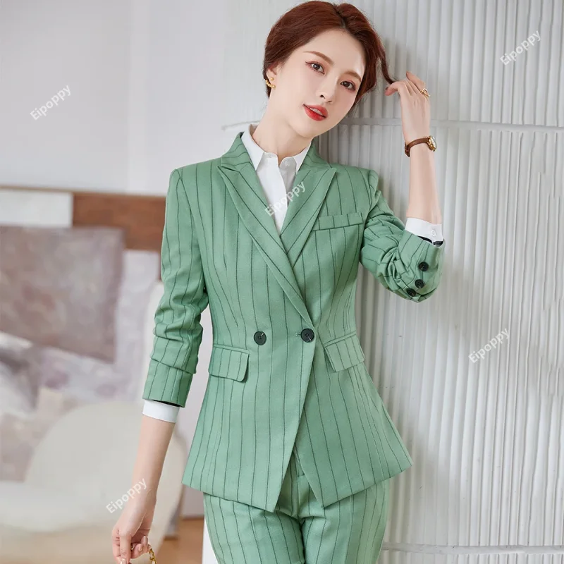 

2024 New Women's Pink Gray Green Striped Pant Suit, Classic Slim Two-Piece Set with Blazer for Office Formal Business Wear