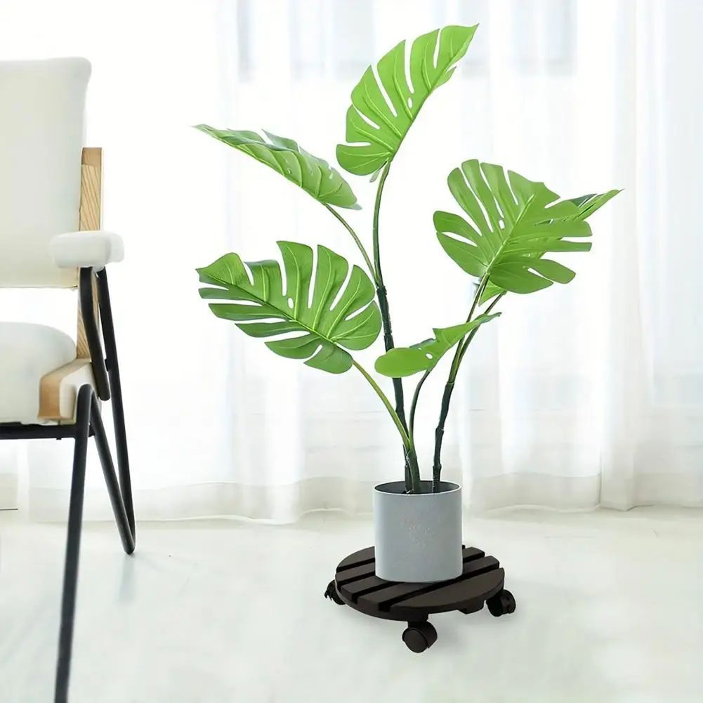 Indoor Outdoor Plant Stand 2Pcs Wood Flowerpot Roller Tray with Lockable Wheels Round Base for Planters Whiskey Barrels