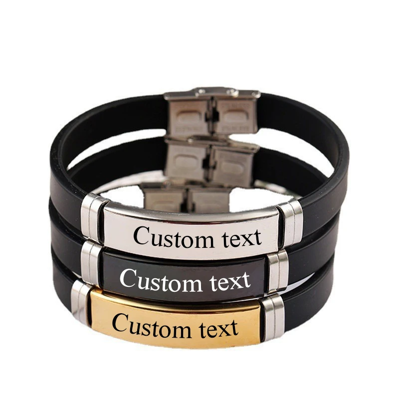 Custom Logo Name Silicone Bracelet Men Punk Fashion Black Engrave Text Id Bracelets For Women Friends Luxury Brand