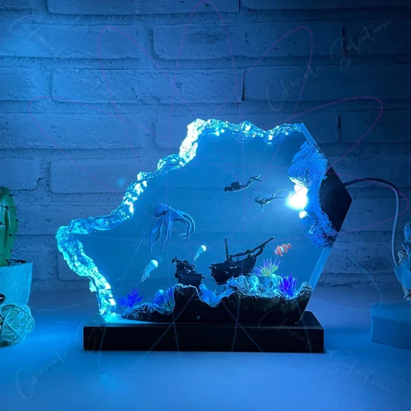 Ocean Octopus and Diver Resin Night Lights Wood Resin Lights Handmade Furniture and Decorations Ornaments