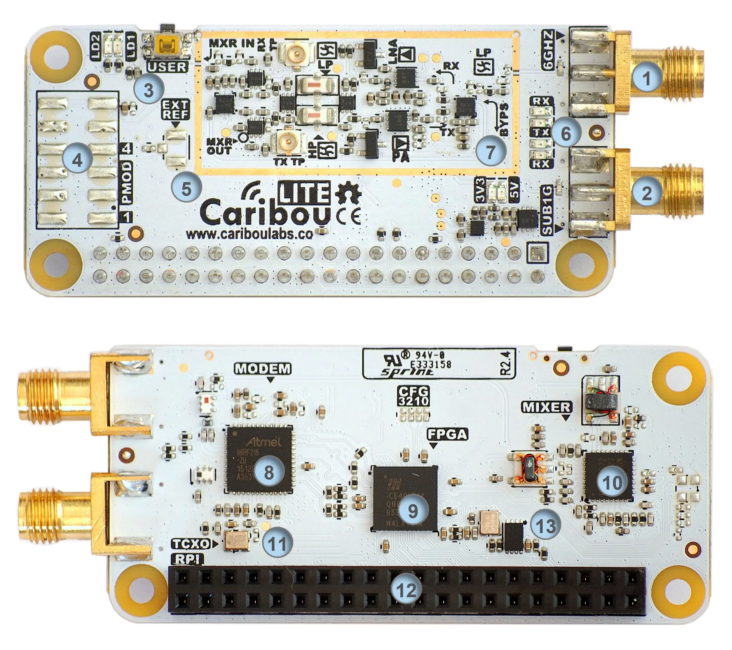 CaribouLite RPi HAT W pełni dwukanałowy SDR z odkrytymi źródłami SDR Raspberry Pi HAT z zakresem strojenia do 6 GHz