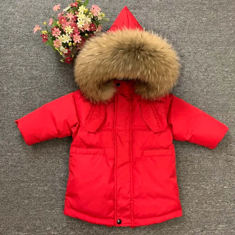 Russian Winter New 90% White Duck Down Jacket Big Real Fur Collar Thicker Outfit Children Hooded Parka Kids Down Coat 2-10Y Z952