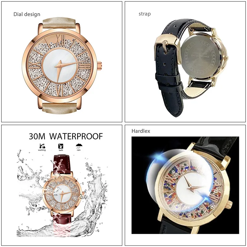 นาฬิกาผู้หญิงแบบดั้งเดิมนาฬิกาควอตซ์สำหรับผู้หญิงสายหนังสีแดงประกายหรูหราสีทองหรูหรานาฬิกาข้อมือผู้หญิงแบรนด์เหล็กกันน้ำ
