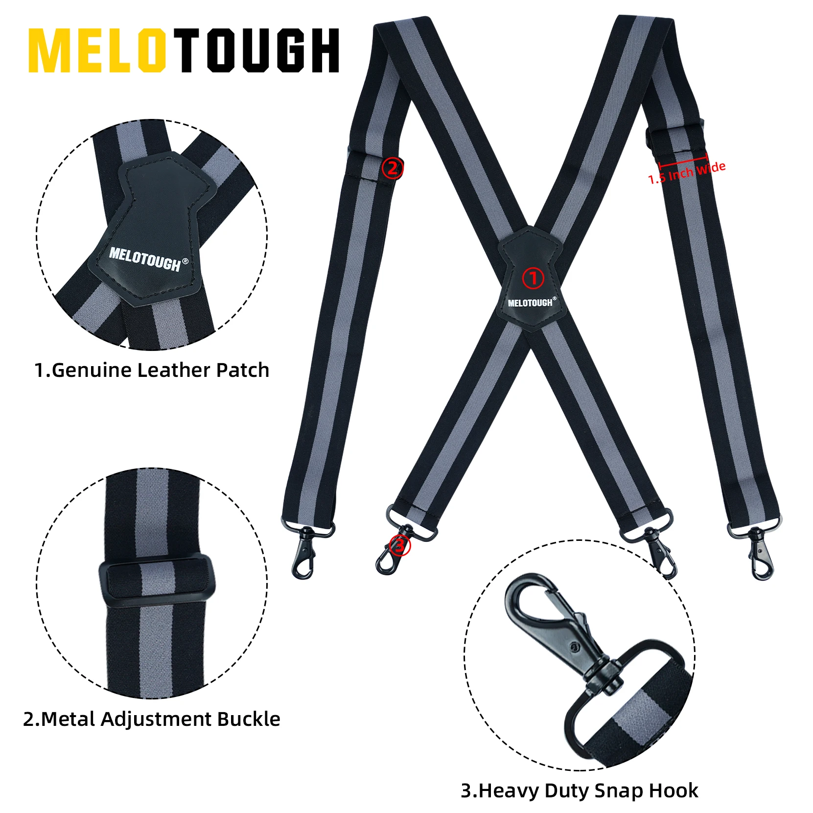 MELOTOUGH Men's Braces 1.5 Inch with 4 Hook-Clips for Trousers Suspenders Braces for Men Heavy Duty Adjustable Elastic X shape