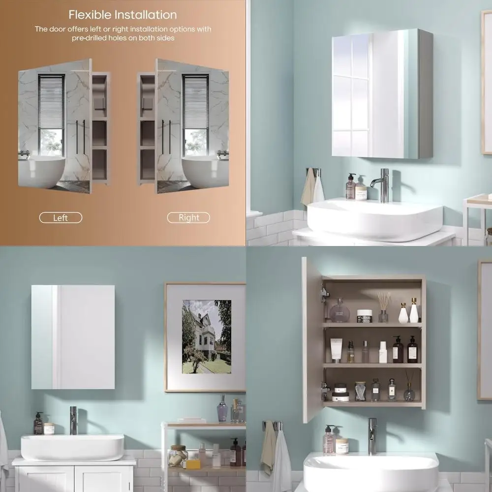 

Grey 20x16 Inch Wall-Mounted Bathroom Cabinet with 1 Door, Adjustable Shelves, and Saver Storage