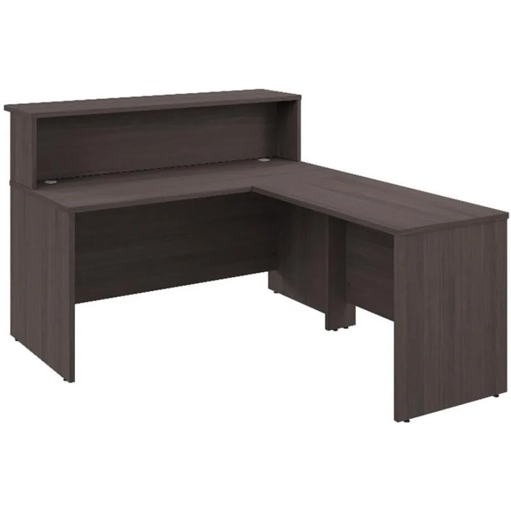 

"l-shaped reception desk: 60w x 72d in engineered wood, storm gray finish"