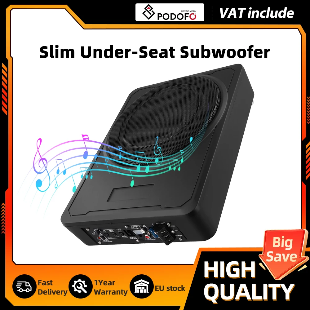 Podofo Ultra Dünner Subwoofer 1 Set 1000W Schlanker Untersitz-Subwoofer mit Verstärker-Kit für Auto und LKW