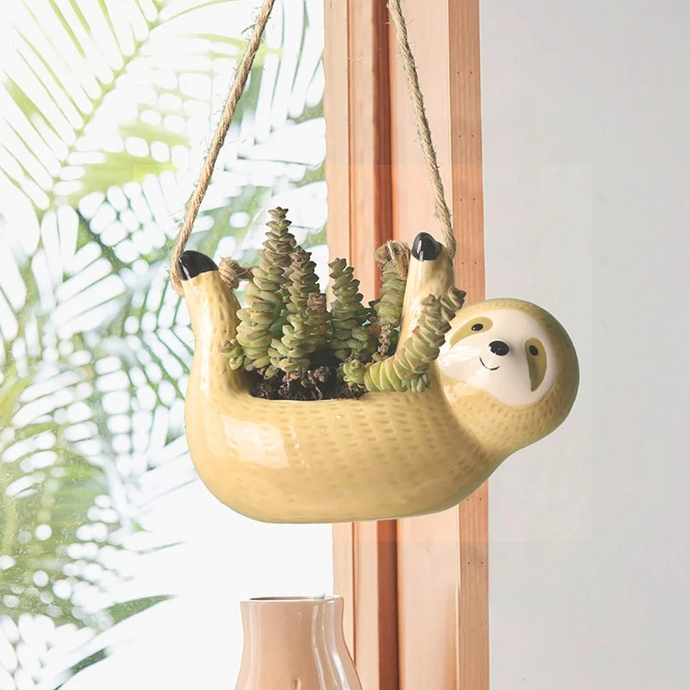 1Pcs Creative Ceramic Hanging Plant Pot Delicate Decorative Ceramics Cute Sloth Shape Flower Succulents Vase for Home
