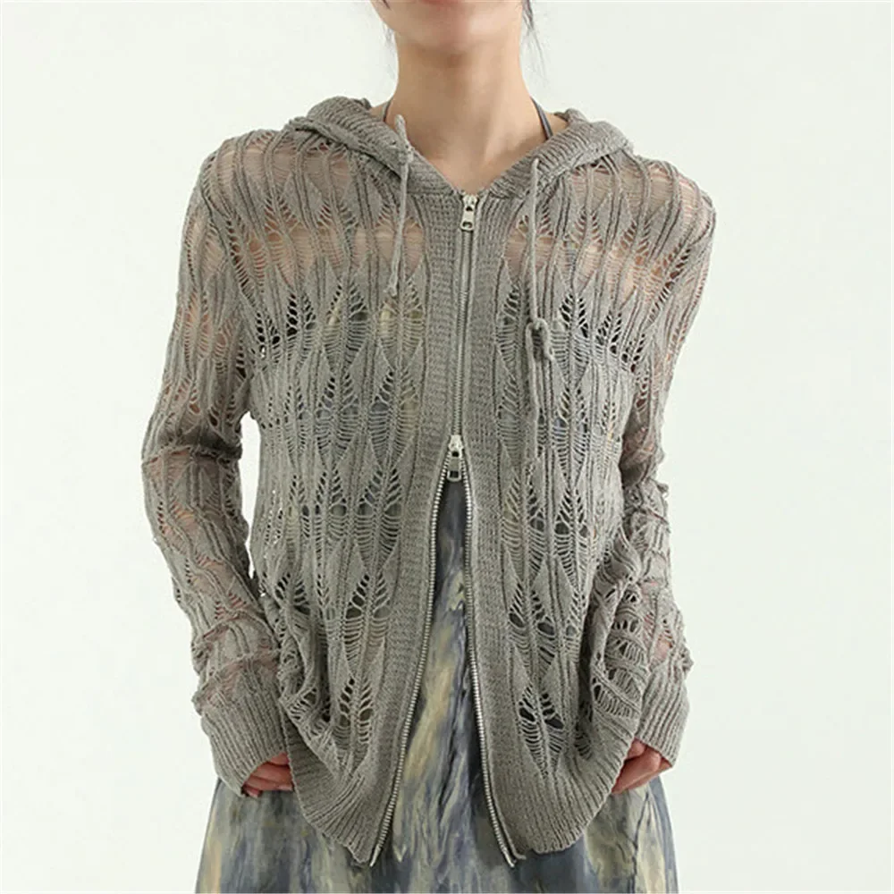 

2024 Chic Zip Up Hooded Cardigan Women Japanese Y2k Style Hollow Crop Sweater Vintage Gray Thin Knitted Long Sleeve Tops