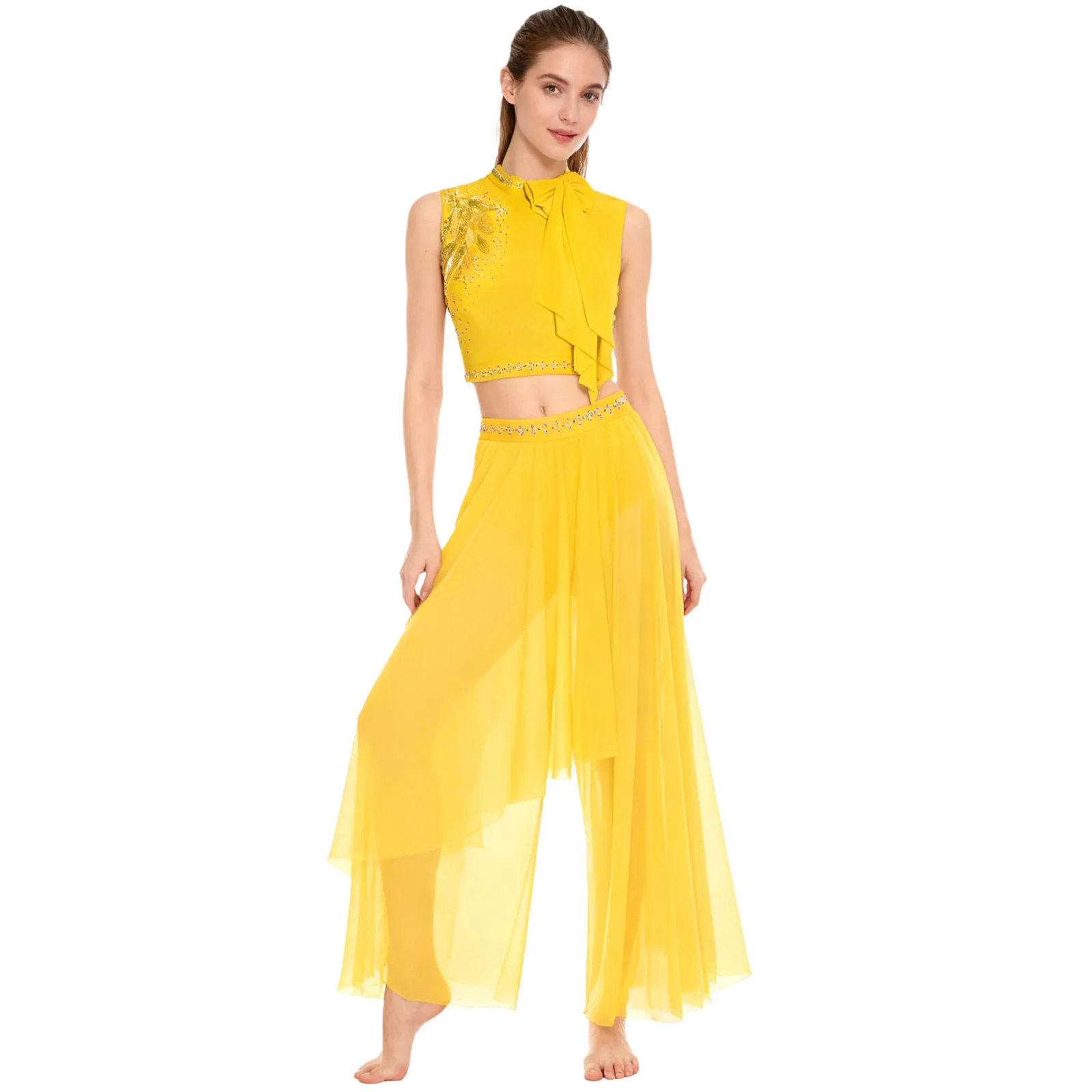 

Women Lyrical Two Piece Modern Dance Outfit Sequin Embroidery Sleeveless Crop Top And Wide Leg Mesh Pants Contemporary Dancewear