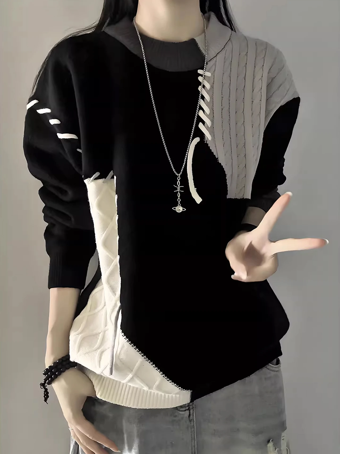 

Retro American Color Blo round Ne Fce Lined Knitwear for Men Winter Heavy Weight Casual irt Inner Wear Outer Wear