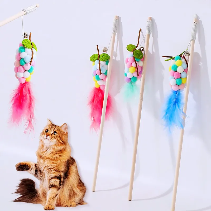 

Cat Toy Feather Sticks Cat Toys Interactive 40cm Wooden Handle Feather Stick for Cats Teasing Toy Colorful Ball Tassel Cats Toys