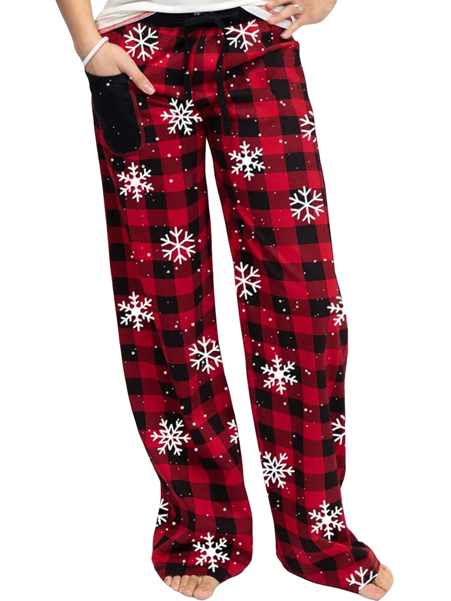 Women s Christmas Pajama Pants Plaid Snowflake Print Drawstring Lounge Pants Sleep Pj Bottoms with Pockets Sleepwear