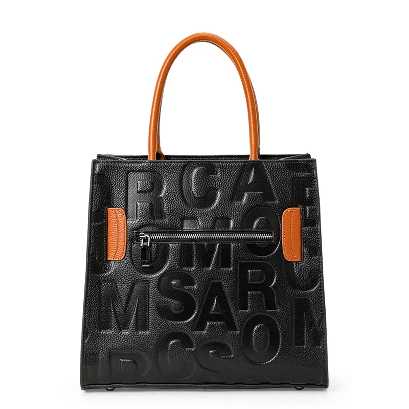 Aidrani Cowhide Leather Women Tote Bag Embossed Letter Color‑block Handbag Large Capacity Crossbody Purse for Office Dating