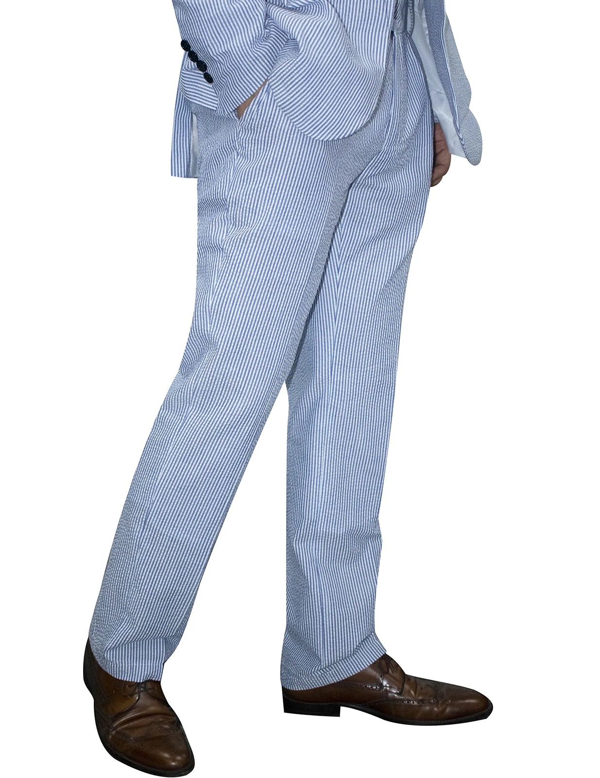 Classic Light Blue Striped Men's Casual Pants with Side Pockets Autumn Beach Wedding Guest Trousers Customized M241894