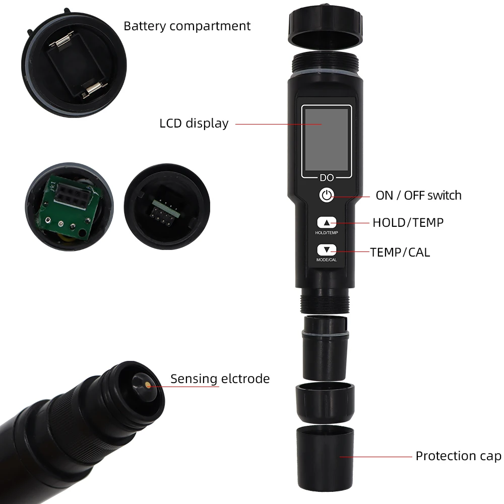 Portable digital Dissolved Oxygen and Temperature Meter Oxygen Analyzer Dissolved Oxygen Detector with Electrode Filling Fluid