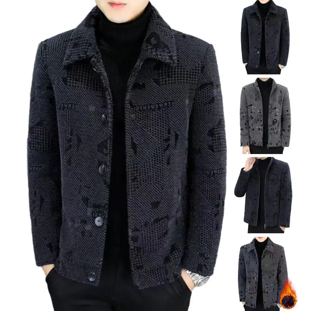 

Men Jacket Thick Warm Woolen Coat with Lapel Collar Long Sleeve Pockets Cozy Men's Winter Jacket with Fleece Lining Zipper
