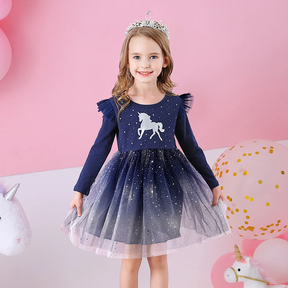 DXTON Princess Dress For Girls Unicorn Cartoon Toddler Casual Costumes BlingBling Tulle Children Birthday Party Dress Clothing