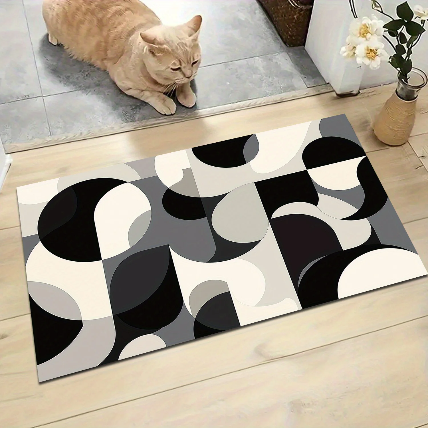 

1 шт. современный коврик с абстрактным геометрическим узором, изготовленный из полиэфирной ткани, можно стирать в машине, подходит для спален, гостиной.