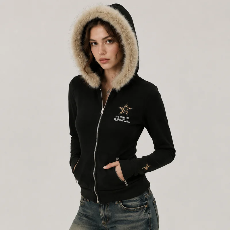 Women Slim Fit Zip Hoodie Faux Fur Collar Sweatshirt Y2K Fashion Streetwear Casual Long Sleeve Hooded Jacket - view 5