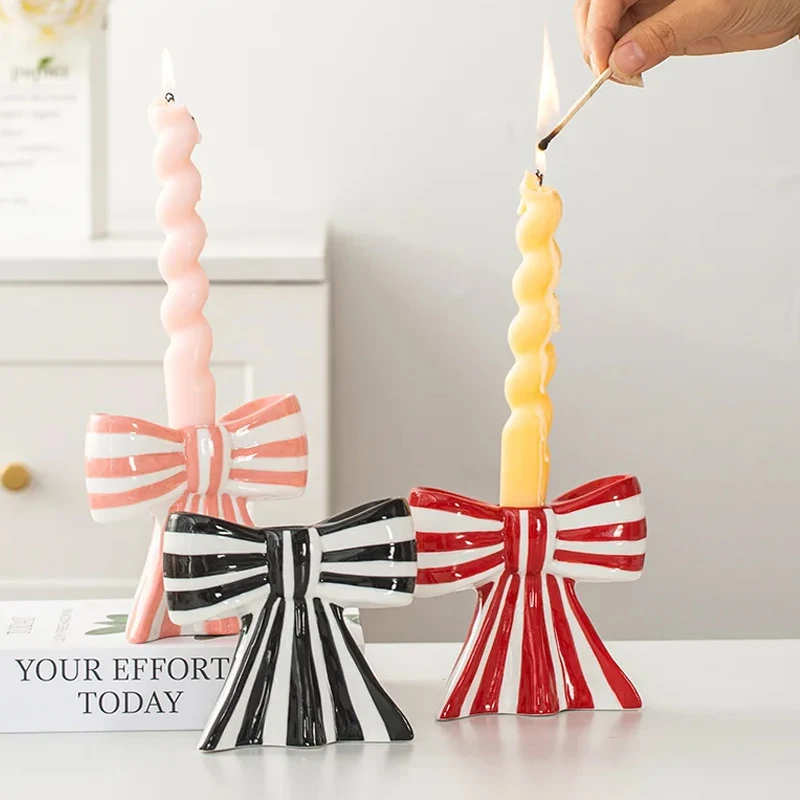 Modern Colored Bow Candlestick French Romantic Wedding Ceramic Candlestick Decoration Candlelight Dinner Atmosphere Decoration