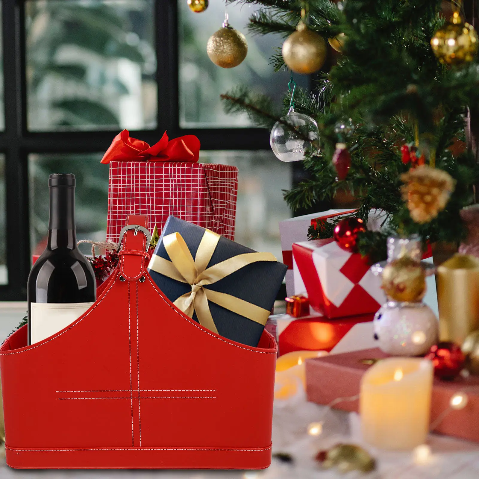 

1 шт. Рождественская подарочная корзина с ручкой из ПУ, портативная сумка для подарков для вечеринок, свадеб, праздников, упаковки и хранения подарков