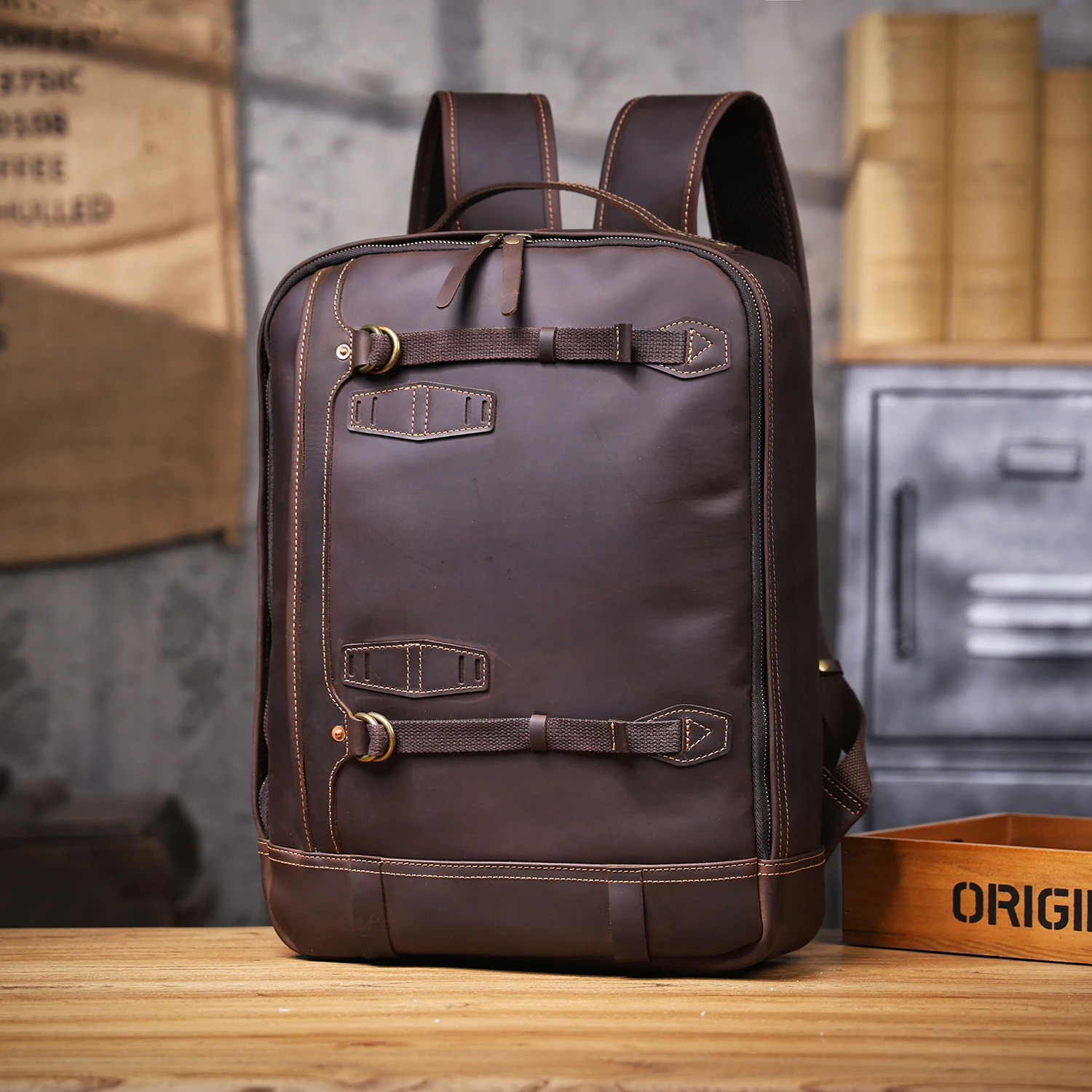 S.WORKER Vintage Echtleder-Rucksack 16" Laptop-Tasche Lässige Crazy-Horse-Leder-Schultasche Outdoor-Reise-Weekender-Tasche – Detail 14