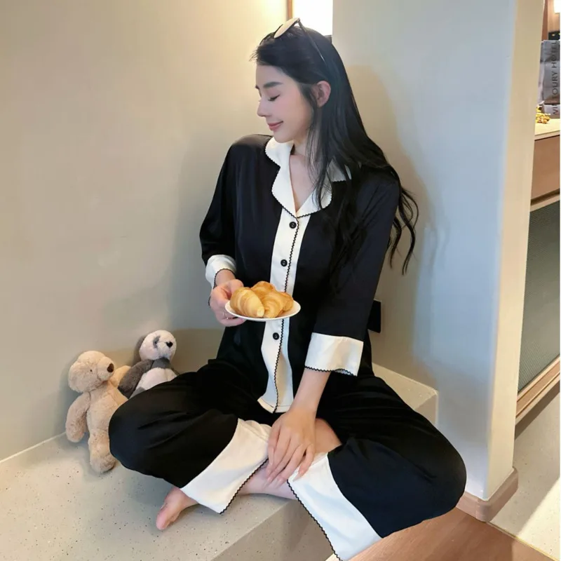 26 Spring Summer Luxury New Ice Silk Pajamas Women Girl 2piece Set High End Soft Mid Sleeve Pants Sleepwear Loungewear Outfit
